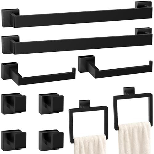 Image of 10-Pieces Matte Black Bathroom Accessories Set, 24 Inch Bath Towel Bar Set