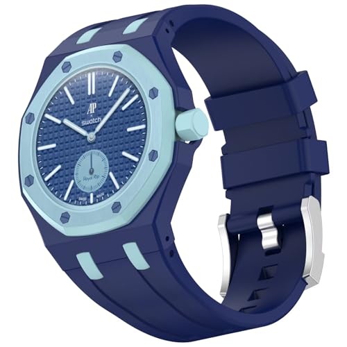 Image of BoerHang Strap Compatible with Swatch Royal Pop, Crown for 3 o'clock Position, Integrated Strap with Protective case, Silicone Sports Fitness Watch Strap.(Dark Blue, Sky blue)
