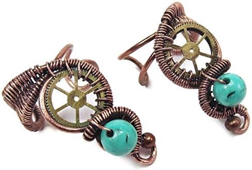 Turquoise and Bronze Steampunk Ear Cuff; Non-pierced Earring - RIGHT EAR ONLY