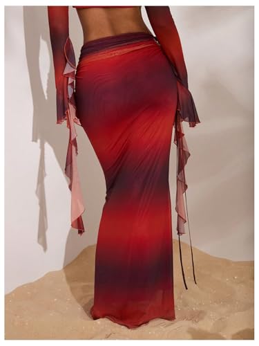SHENHE Women's Y2k Mesh Maxi Skirt Ruched Cut Out Tie Dye Bodycon Long Fishtail Skirt3