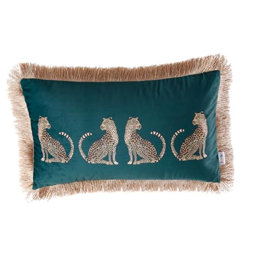 XSlive Lumbar Decorative Throw Pillow Cover with Tassels Leopard Pattern Cushion Cover Luxury Style Soft Velvet Pillowcase for Sofa Couch Bedroom (12"x20",Dark Green)