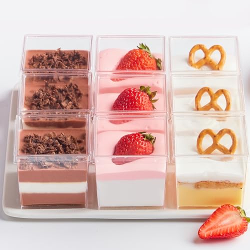 Zezzxu 50 Pack 5 oz Mini Square Dessert Cups with Lids and Spoons, Clear Plastic Parfait Cups Small Shooter Cups for Appetizer Puddings Mousse Ice Cream Fruit