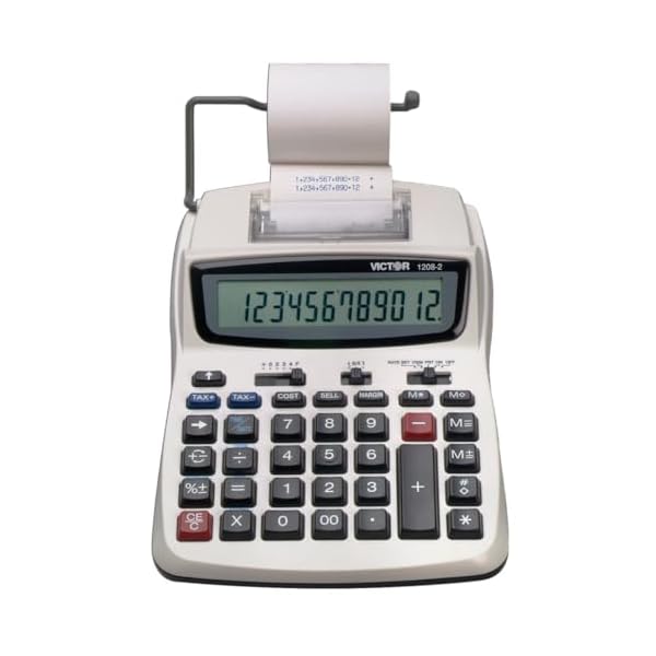 Victor Printing Calculator, 1208-2 Compact and Reliable Adding Machine with 12 Digit LCD Display, Battery or AC Powered, Includes Adapter,White