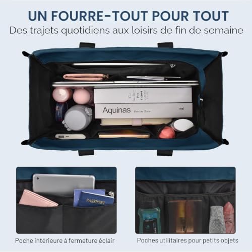 Becokan Grand sac fourre-tout pour femme imperméable avec 12 poches, fermeture éclair sur le dessus, utilitaire, sacs pour enseignantes et infirmières pour le travail et l'école, noir foncé, Large – vue 3