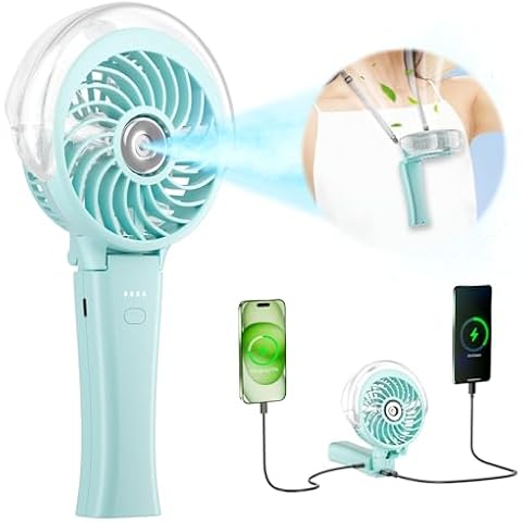 HandFan 2024 Upgraded 4000mAh Portable Misting Fan with Charger, Rechargeable Handheld Personal Mister Fan, Spray Water Mist Fan, Foldable Electric Cooling Fans for Beach, Travel, Outdoors(Light Blue) Cover