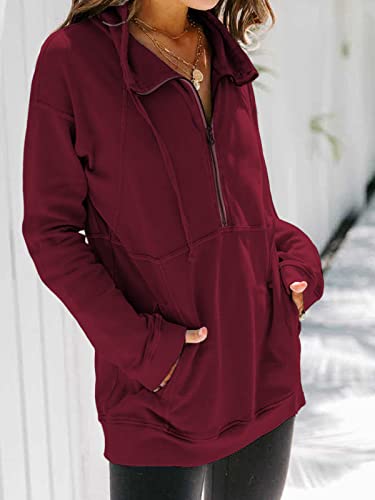 Ladmous Women's Classic Long-Sleeve Tunic Sweatshirt Quarter Zip Pullover Sweater Wine Red Xl #TOP2
