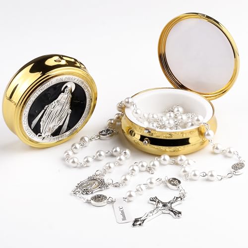 HanlinCC Glass Pearl Beads Catholic Rosary Necklace for Women with Gold Miraculous Gift Box2