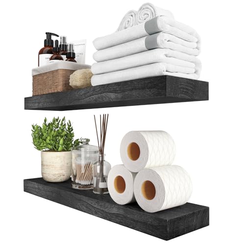 SAUCE ZHAN Estantes flotantes rústicos de madera natural, estante abierto de granja, borde vivo, decoración de pared de madera ligera para baño, sala de estar, dormitorio, cocina, juego de 2 (negro,