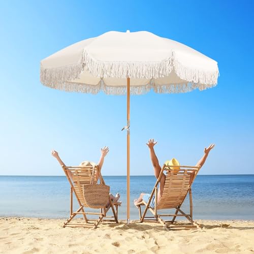 ELZEM 6ft Boho Fringe Umbrella White Beach Umbrella UPF50+ Portable Outdoor Patio Umbrella With Tilt Table Umbrellas For Outside Waterproof Market Umbrella Windproof Garden Umbrella With Carry Bag
