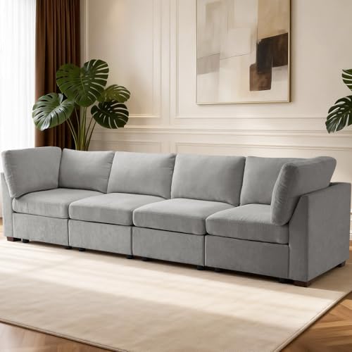 Image of TEKAMON 122 inch Modern Sofa Modular Sectional Couch, 4-Seat Chenille Deep Seat Sofa for Living Room, Bedroom and Apartment, Light Grey