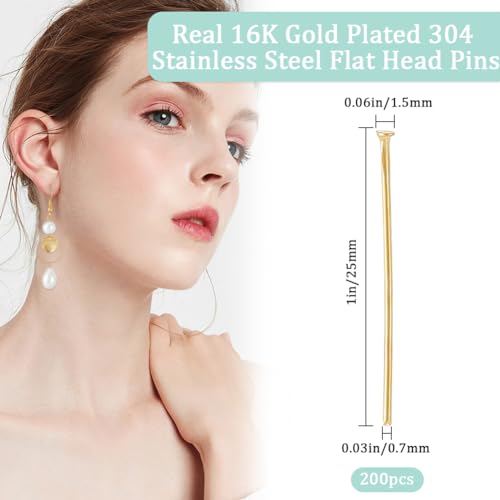 Beebeecraft 1 Box 200Pcs 25mm Flat Headpins 16K Gold Plated Stainless Steel Flat Head Jewelry Making Pins 21 Gauge Bendable Wire Pin for Jewellery Earring DIY Craft Head: 1.5mm - Image 2