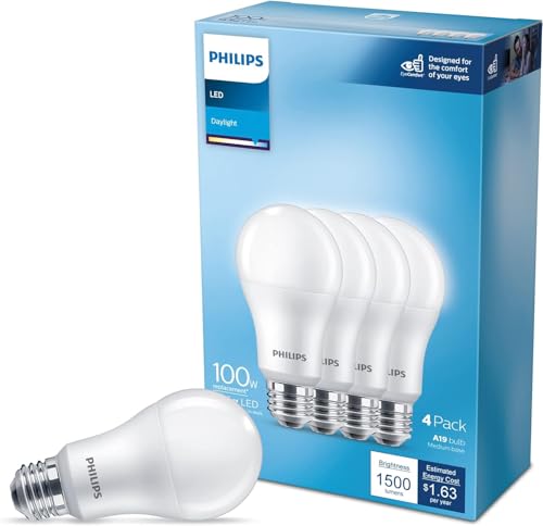 Image of Philips LED Basic Frosted A19 Non-Dimmable, Eye Comfort Technology, 450 Lumen, Daylight(5000), 5.5W=40W, E26 Base, 4PK