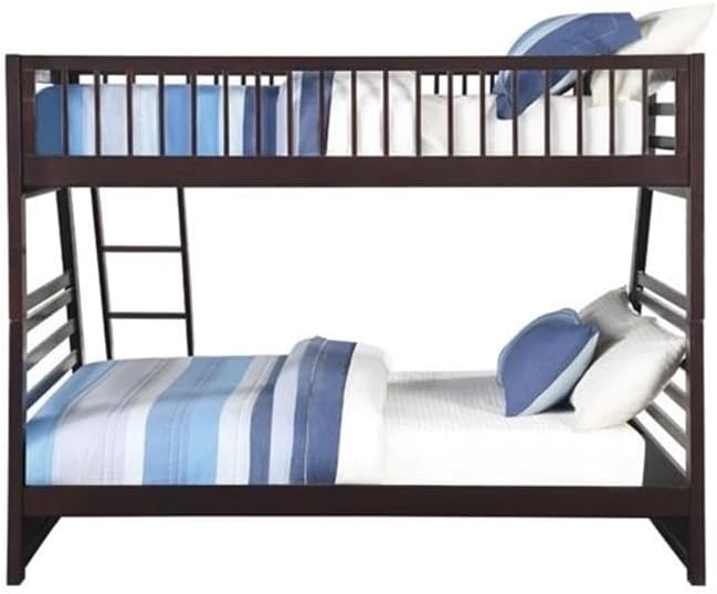 Side view of the Pemberly Row Twin Over Queen Bunk Bed showing the ladder and guardrails.
