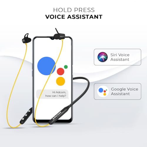 Image of Adcom Sync Wireless Bluetooth Neckband Headset with Up to 10 Hours Playback, Fast Charge, Low Latency, Magnetic Earbuds, Bluetooth Neckband, Bass Drivers, Wireless with Mic Earphones (Yellow)