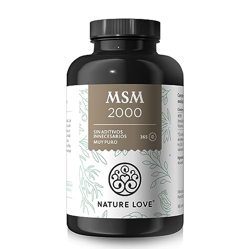 NATURE LOVE® MSM 2000 mg con vitamina C - 365 comprimidos probados en laboratorio - MSM en polvo más compacto que las cápsulas - Sin aditivos, dosificación alta, vegano, producido en Alemania