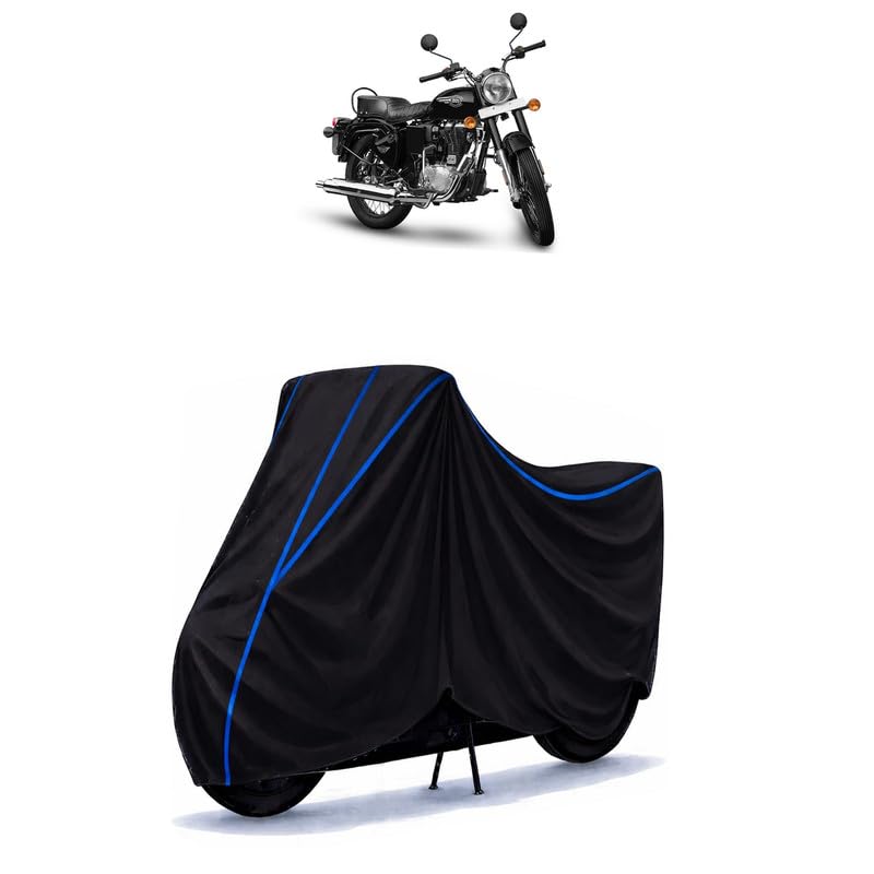 Image of Bullet 650 Bike Cover Water Resistant Universal Motorcycle Rain | Heavy Duty UV Protection, Dust, Scratch Indoor Outdoor All Weather with Black Blue Piping Elastic