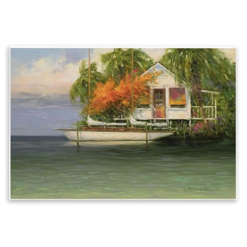 Tropical Seaside House Boat, 13 x 19 Inch Mounted Print on Wall Plaque