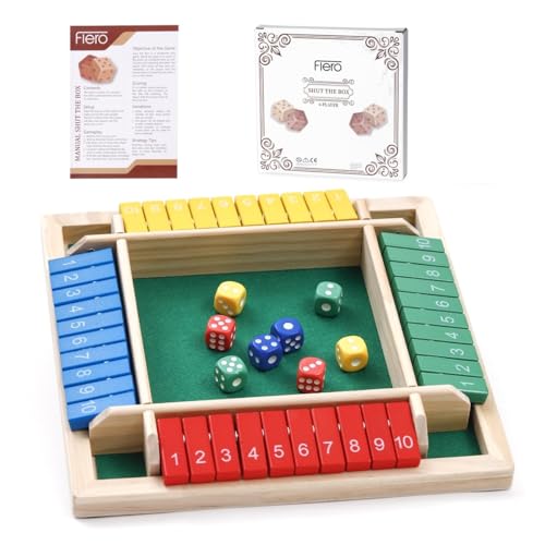 Flero Shut The Box - 4 Player Dice Game - Tactics and Calculation Game (Blue/Red/Green/Yellow) - Board Game Educational Toy Educational Game for Children and Adults - 8 Dice