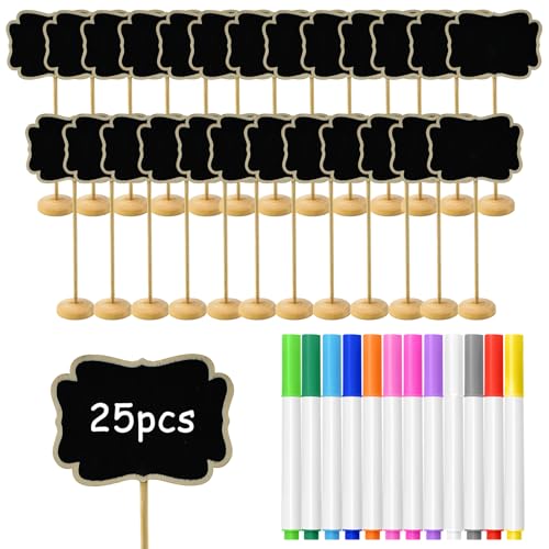 YBCCBY 25 Pz Mini Targhette in Legno per Alimenti,Mini Lavagna Segni con Supporto con 12 Pennelli,Mini Etichette Lavagna per Piante da Giardino per Matrimoni, Eventi, Uffici, Cucine (8x6cm)