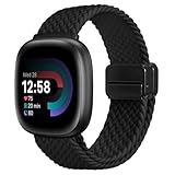 FINTIE Correa elástica trenzada magnética compatible con Fitbit Versa 4 3, correa de repuesto elástica deportiva de nailon tejido suave, color negro