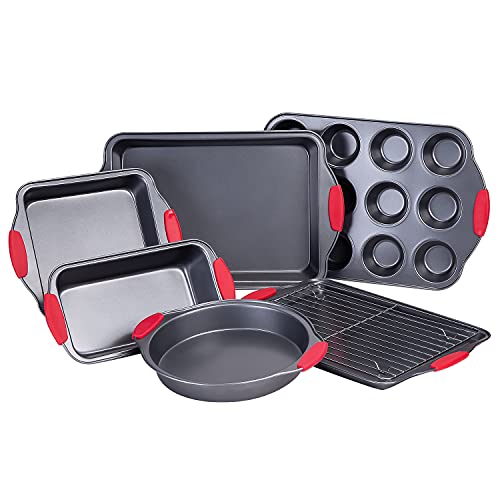 Nuovoo Baking Sheets For Oven, 7 Piece Cake Pans Sets Nonstick For Baking, Carbon Steel Bakeware Sets With Red Silicone Handles, Dark Grey, Baking Supplies For Donut Loaf Cupcake Biscuit Bread #TOP8