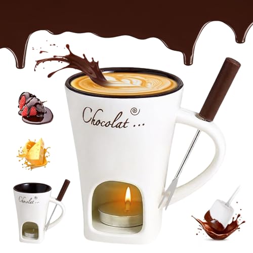 Tasse à Fondue au Chocolat, 130 ML Services à Fondue au Chocolat, Tasse à Fondue au Chocolat en Céramique, Tasse à Fondue avec Fourchette et Bougie À Thé, Tasse à Fondue pour Bonbons et Chocolat