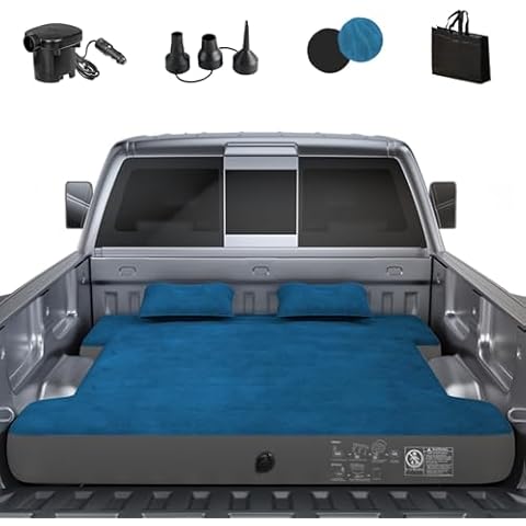 Uncle elk Truck Bed Air Mattress, Full Size Truck Beds, Inflatable Air Mattress Bed with Air Pump 2 Pillows, Carry Bag, Pickup Bed Air Mattress for Chevrolet Silverado, Dodge Ram, Ford, Blue Cover