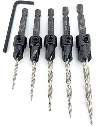 Ftg Usa Countersink Drill Bit Set 5 Pc Countersink Drill Bit #4#6#8#10#12 Tapered Drill Bits For Woodworking With Improved Countersink Connection Drill Bit To Hex Shank Without Pin And 1 Hex Wrench #TOP1