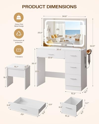 Image of LIVELYGLOW 35.4 inch White Vanity Desk Set with Full-Width LED Mirror & Stool | 3 Lighting Modes, Charging Station, Cushioned Stool, 4 Drawers