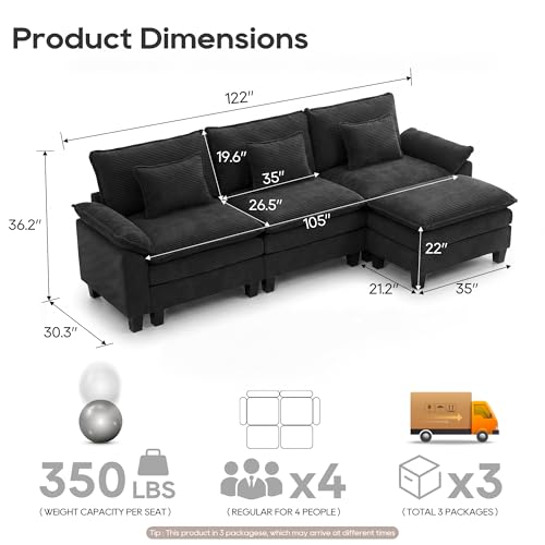 Image of URRED Oversized Modular Sectional Sofa，Solid Black：122 inch L Shaped