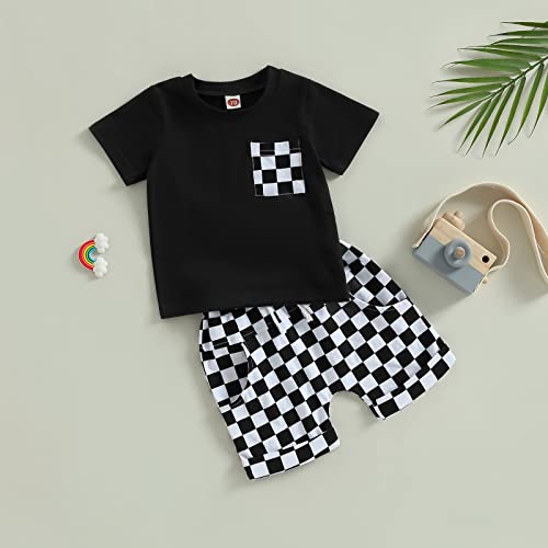 Karuedoo Baby Boy Girl Summer Outfits Checkered Plaid Short Sleeve T-Shirt Top Shorts Set Trendy Toddler Checkerboard Outfit4