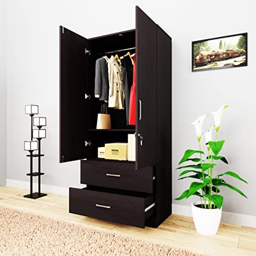 Image of VIKI Wardrobe | Wooden Almirah for Clothes,Door for Bedroom, 2 Door Wardrobe with Drawer & Hanging Space (Dark Wenge - 40D x 80W x 180H) | 1 Year Warranty | Free Assembly