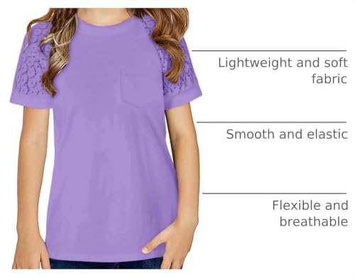Image of Girls Summer Short Sleeve Shirts Lace Casual Cute Crew Neck Solid Color Blouses Tops Sizes 6-15 Years