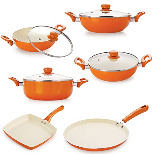 Image of Nirlon Non-Stick Ceramic 4 Layer Scratch Resistance Cookware Combo Gift Set With Glass Lid | Best Place To Buy Cookware Set | Bakelite Handle | Flat Tawa 26Cm | Deep Kadhai With lid 2Ltr | Deep Kadhai With Lid 2.4Ltr | Deep Kadhai With Lid 3Ltr | Grill Pan 24Cm | Deep Casserole 3.6Ltr- 10 Piece Set
