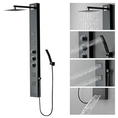 Homevacious Shower Panel Tower System,Stainless Steel Bathroom Stand Up Shower Kit,Wall-Mount Shower Panels with Rainfall Shower Head,4 Massage Body Jets,Tub Spout and Handheld Shower,Matte Black