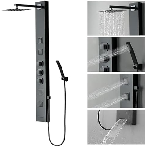 Homevacious Shower Panel Tower System,Stainless Steel Bathroom Stand Up Shower Kit,Wall-Mount Shower Panels with Rainfall Shower Head,4 Massage Body Jets,Tub Spout and Handheld Shower,Matte Black Cover