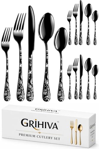 Image of 15 Pcs Black Floaral Stainless Steel Cutlery Set for Dining Table with Spoons and Forks Set + Butterknives - The Perfect Tableware /Flatware