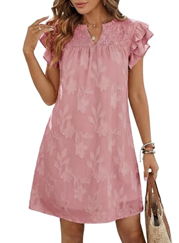 Image of Dokotoo Womens Summer Dresses 2026 Ruffle Short Sleeve Casual V Neck Smocked Floral Burnout Mini Dress Sundress