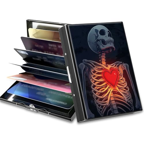 Image of Slim Credit Card Holder, Skull Heart RFID Blocking Metal Wallet for Men & Women, Aluminum Minimalist Hard Case Pocket-Sized Business Cards Organizer (Fits Up to 10 Cards)