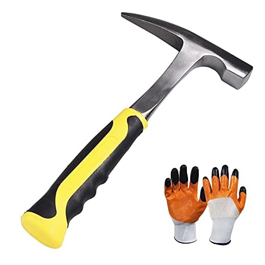 12 Inches Rock Pick Hammer with Skid Handle, All Steel Drop Forged Masonry Hammer with Chrome Plating, Geologist Hammer with Pointed Tip and Shock Reduction Grip for Mining+ A pair of gloves