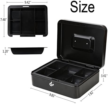 Metal Cash Box with Money Tray, Parrency Money Box with Key Lock for Security (Black, Medium - 9 4/5" x 7 4/5" x 3 1/2")