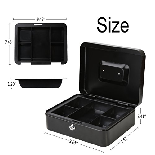 Metal Cash Box With Money Tray, Decaller Money Box With Key Lock For Security, Black, 9 4/5" X 7 4/5" X 3 1/2" #TOP2