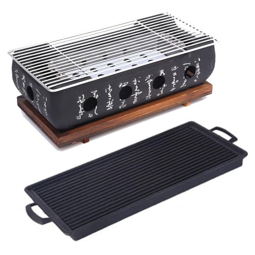 Parrilla de barbacoa japonesa, Portátil japonés Estufa barbacoa carbón mesa con parrilla base madera, Estufa parrilla barbacoa para hogar, patio, fiesta, camping(Large With Baking Pan)