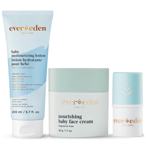 Evereden Baby Hydration Trio | Baby Face Cream, Moisturizing Lotion and Lip Balm | Clean, Non-Toxic, Fragrance-Free & Non-Greasy Moisture for Newborns and Toddlers