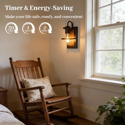 Image of Battery Operated Wall Sconce Set of 2, Wireless Wall Lights with Remote Control, Dimmable 3 Color Temperatures, Rechargeable Wall Sconce with Vintage Faux-Wood Finish for Bedroom Living Room