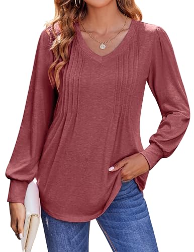 Zeagoo Tshirt Damen Elegante Oberteile Langarm V Ausschnitt Tops Plissee Bluse Shirt Basic Lässig Longshirt Tunika Wein Rot L