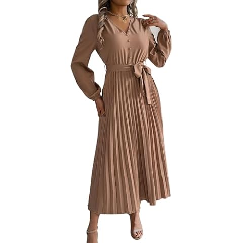 Peacameo Women's Fall Casual Dresses Long Sleeve V Neck Button Down Belted Flowy Pleated A Line Dress (Brown,Medium) Cover