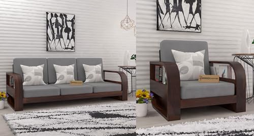 Image of Wooden 4 Seater Sofa Set for Living Room,3- to 4- Person Sofa Sets for Home, 3+1 Seater Sofa Sets for Home, Sheesham Wood (Walnut Finish)