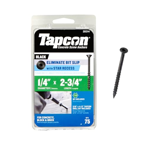 Tapcon 1/4 x 2-3/4 Inch Black Star Head Concrete Anchors, 75 PCS, Corrosion Resistant Climaseal™ Coating, Heavy-Duty Concrete and Masonry Screws, Star Drive Recess, Drill Bit Included