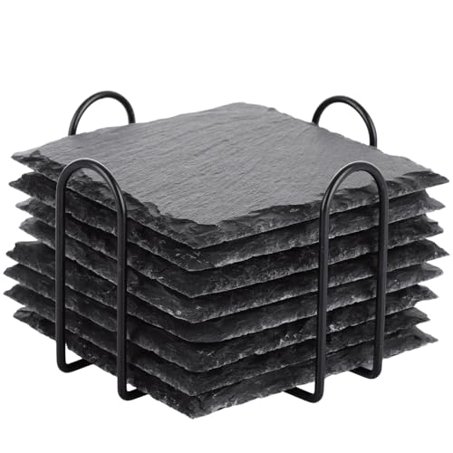 ASelected 8 Pcs Slate Drink Coasters With Metal Holder 10 X 10 cm 4 Inch Black Stone Square Slate Coasters Bulk Cup Coaster Set For Engraving Craft Cup Bar Diy Kitchen Apartment Home Decor